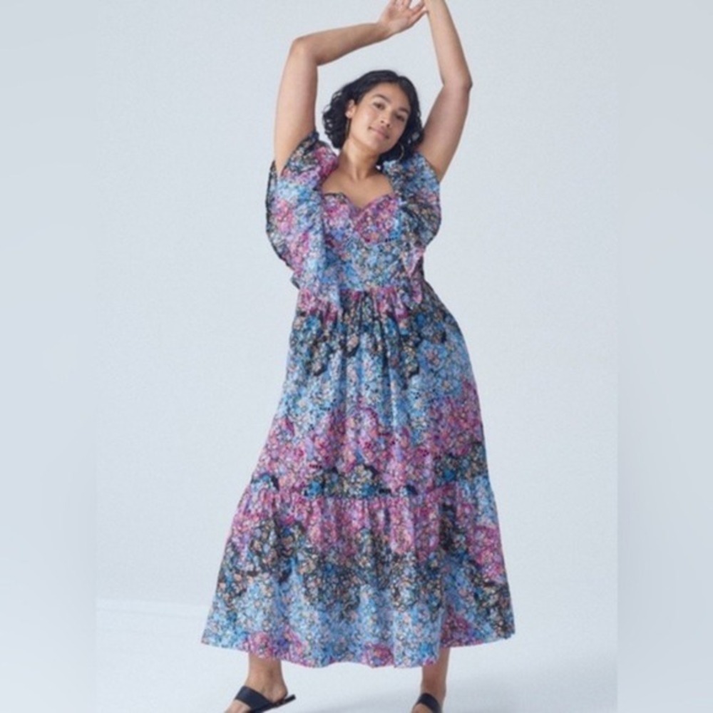 Anthropologie L Clementina Eyelet Maxi Dress tiered boho embroidery floral smock